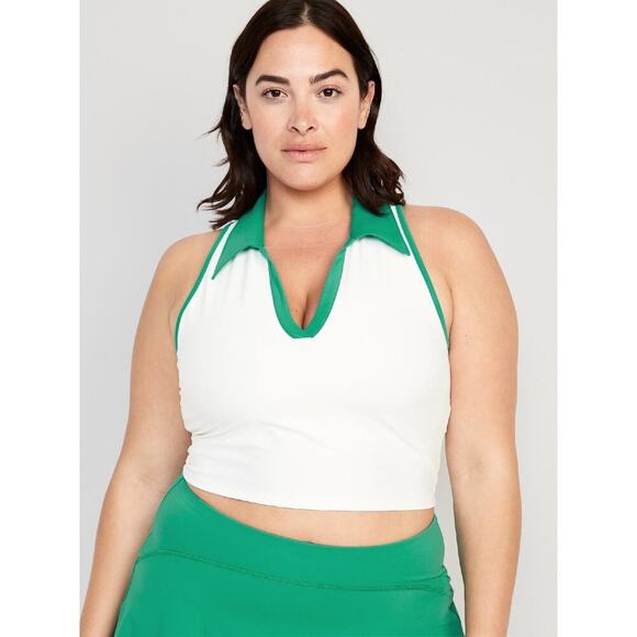 Old Navy Active PowerSoft White Sleeveless Cropped Built-In Bra Polo Top Size L - Picture 1 of 7